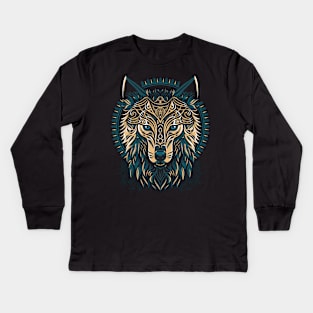 Tribal golden shield wolf Kids Long Sleeve T-Shirt